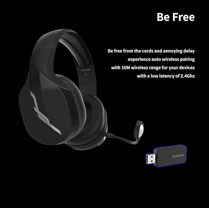 Zalman HPS700 Archer, Wireless Headset with Gaming, Music, Live Sound Modes, LED Indicator, Detachable Microphone, USB-C to A Charging Cable, Premium Woven Fabric Memory Foam Ear Cushions (Black)