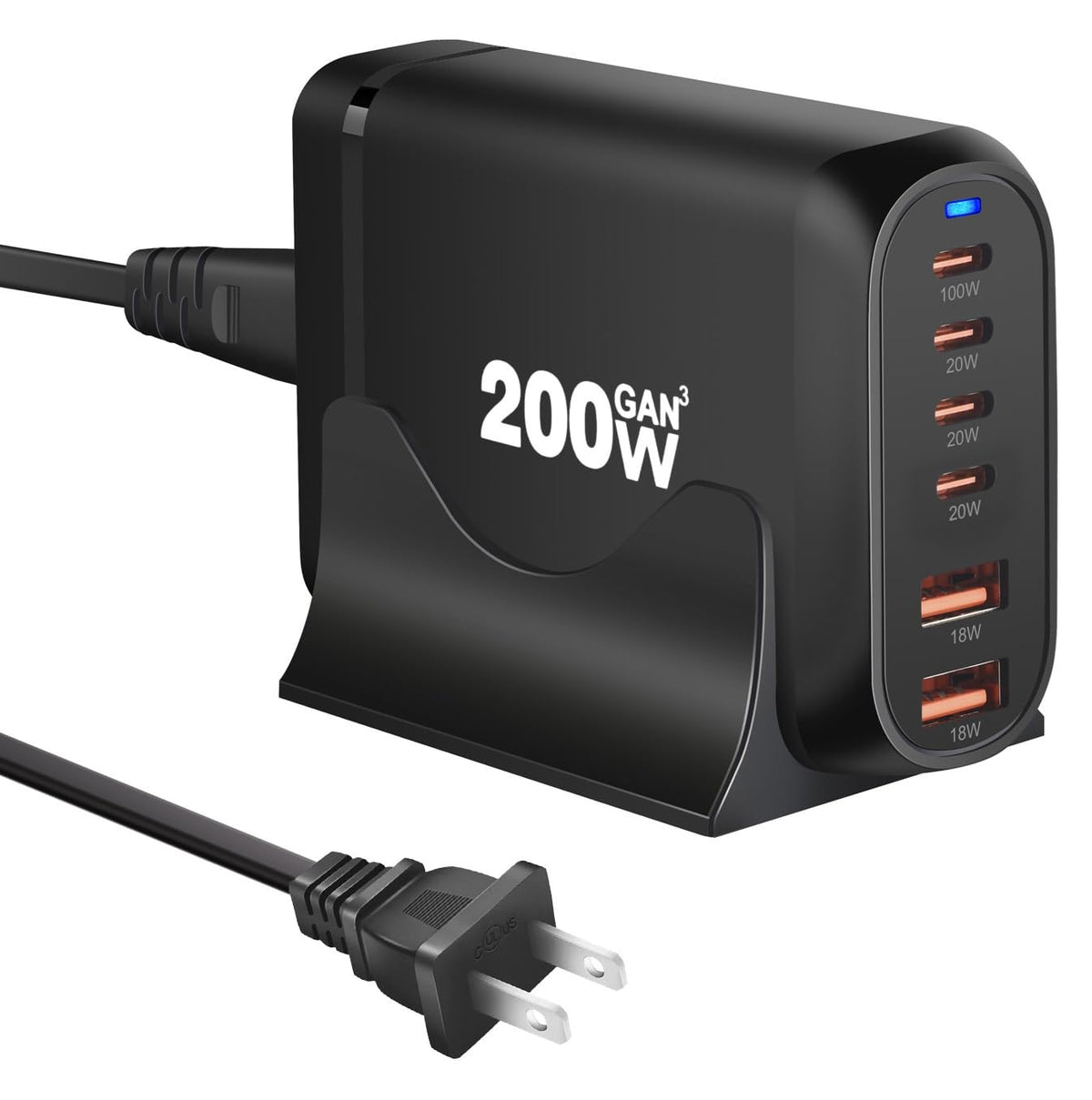 200W USB C Charger, 6 Ports GaN Fast Charging Station, Black - Image 1