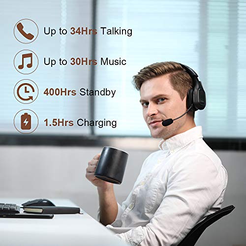 Trucker Bluetooth Headset V5.0, Wireless Headset with Noise Canceling&Mute Microphone for Cell Phones, On Ear Bluetooth Headphone for Computer, Zoom Meetings, Skype, Home Office