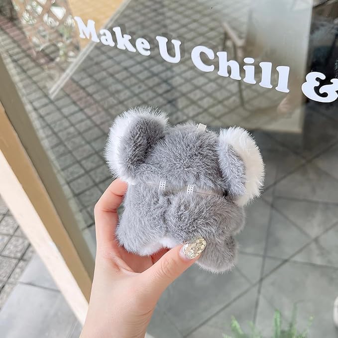 SGVAHY Furry Case for AirPods Pro 2nd/1st Generation Funny Cute 3D Cartoon Plush Design Koala Gray Soft Warm Fluffy Cover for Airpods 2 Keychain Anti-Fall Protective Women Girls