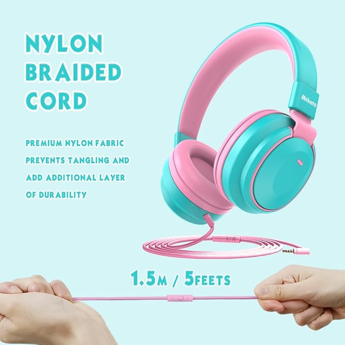 Headphone Kids Volume Limited 85/94dB Wired Over-Ear/On-Earr Foldable Headset with Inline Cable Aux 3.5mm Cord Mic for Toddler Boy Girl Child Back to School Study Pad Tablet Cyan