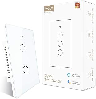 MOES ZigBee Smart Touch Wall Light Switch,Requires Tuya ZigBee Hub,No Neutral Wire/N+L Wiring,No Capacitor,Smart Life Tuya 2/3 Way Remote Control, Work with Alexa Google Home, 2MQTT,2 Gang White