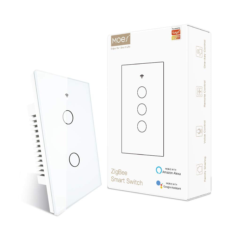 MOES ZigBee Smart Touch Wall Light Switch,Requires Tuya ZigBee Hub,No Neutral Wire/N+L Wiring,No Capacitor,Smart Life Tuya 2/3 Way Remote Control, Work with Alexa Google Home, 2MQTT,2 Gang White