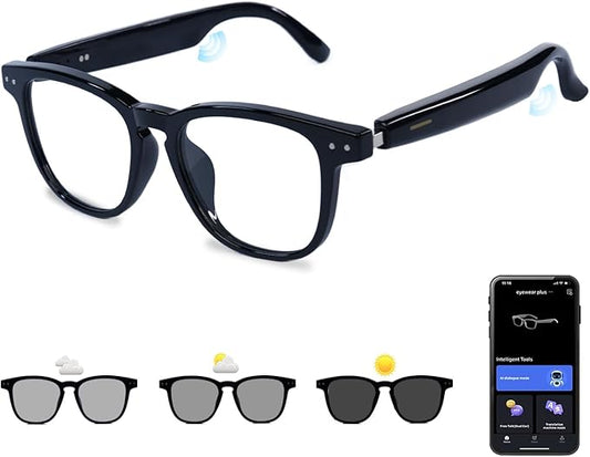 AI Smart Glasses, Anti Blue Light Bluetooth Translation Glasses with 164 Hands-Free Calls & Audio Multifunctional Smart Sunglasses for Men Women Travel Trade Business (KL01-Black-Color-Change-Lens)