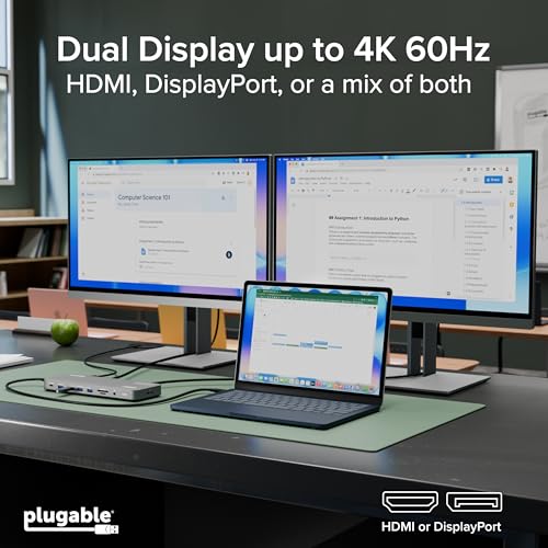 Plugable USB C Docking Station, Dual Monitor 4K 60Hz 2X HDMI or DisplayPort