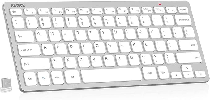 Arteck 2.4G Wireless Keyboard Ultra Slim and Compact Keyboard with Media Hotkeys for Computer Desktop PC Laptop Surface Smart TV and Windows 11/10/8/7, Silver