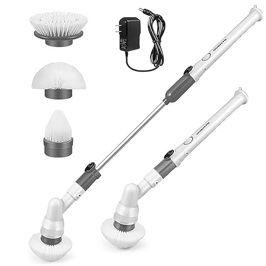 OVENTE Electric Spin Scrubber, Cordless Power Scrubber with 3 Brush Head, Adjustable Extension Handle, Waterproof Perfect for Cleaning Toilet, Shower, Bathroom Tub and Tile Floor, White CTB123WGY