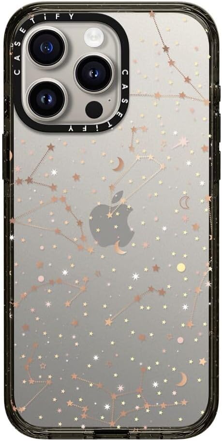 CASETiFY Impact iPhone 15 Pro Max Case [4X Military Grade Drop Tested / 8.2ft Drop Protection] - Space Pattern on Clear Background/Gold Stars and Moon Universe - Clear Black