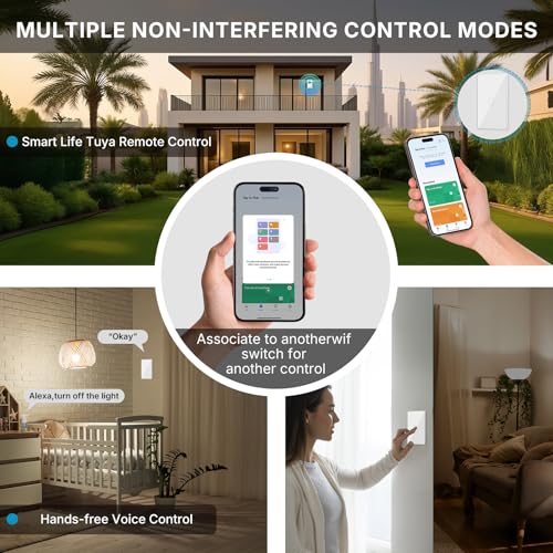 2.4GHz WiFi Smart Touch Wall Single Fire Smart Light Switch, Need Neutral Wire, Glass Panel Light Switch Work with Smart Life/Tuya App, Alexa and Google Home 2 Pack (White 1 Gang)