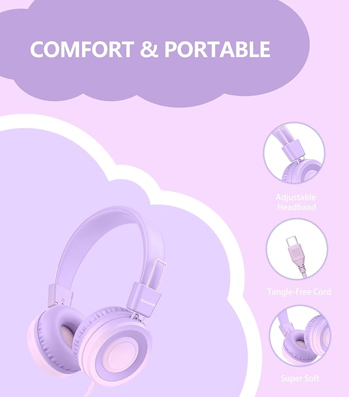 USB Type C Kids Headphone for School, 94dB Safe Volume Limited, Foldable Stereo Sound Tangle-Free Type C Cord, On-Ear Headphones for Boys/Girls/Students/Tablet/Travel(Gradient Purple)