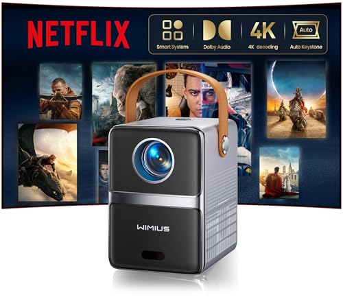 Smart Mini Projector with WiFi and Bluetooth【Compatible with Netflix/Portable/4K Supported】Dolby Audio,Auto Keystone & Electric Focus Outdoor Movie Projectors,WiMiUS Native 1080P HD Proyector