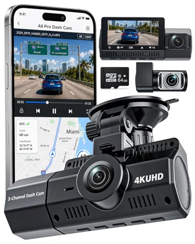 3 Channel Dash Cam, 4K+2.5K+2.5K, WiFi GPS, for Rideshare and Taxi