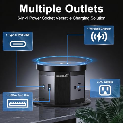 Pop Up Outlet for Countertop, 15W Wireless Charger, USB-C & 3 AC, Black