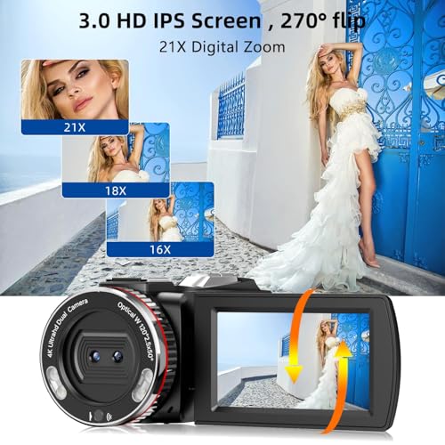 Video Camera Camcorder 4K UHD 48MP Vlogging Camera for YouTube, Dual Lens Digital Camera Recorder with Wireless Mic, 18X Digital Zoom, 120° Wide-Angle, 3.0" IPS Screen 270° Rotation,2 Batteries
