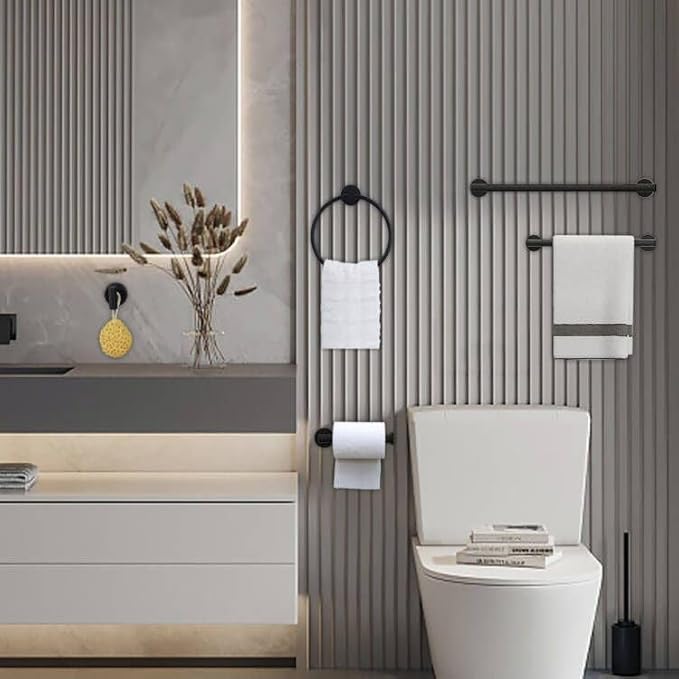 12 PCS Matte Black Round Towel Bar Set, Bathroom Towel Bar Set Include 24 inch,16 inch Towel Bar, Toilet Paper Holder, Towel Ring, Towel Hooks, Stainless Steel Bathroom Accessories Set