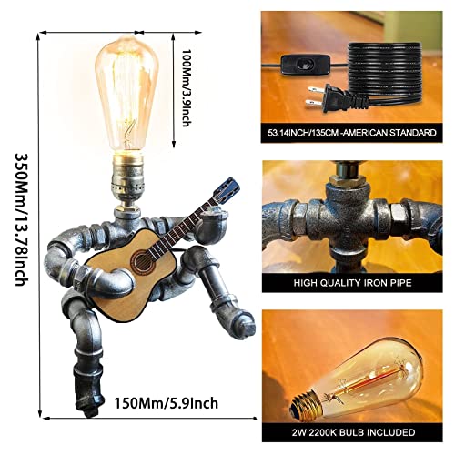 Steampunk Guitar Pipe Robot Table Lamp, Adjustable Industrial Water Pipe Desk Lamp with Wooden Guitar & Edison Bulb,Music Lovers, Bedside, Bar Cafe - Cool Unique Gifts