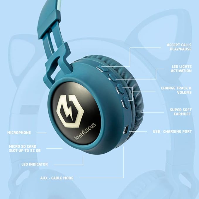 PowerLocus Kids Headphones Wireless, Bluetooth Headphones for Kids Over Ear, LED Lights, 85dB Safe Volume Limit, Foldable, Micro SD Mode, Built-in and Line-in Microphone for Phones,Tablets,Laptop