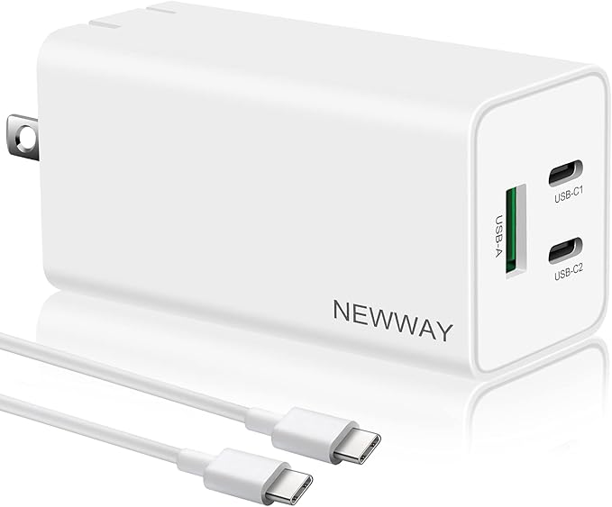 NewWay 65W USB-C Fast Charger 3 Port PD QC 3.0 Delivery Foldable, USB-C Wall Charger for MacBook, iPad, iPhone Series with 15 16 Plus/Pro/Pro Max, iPad10 and More