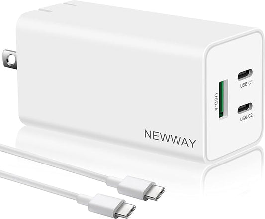NewWay 65W USB-C Fast Charger 3 Port PD QC 3.0 Delivery Foldable, USB-C Wall Charger for MacBook, iPad, iPhone Series with 15 16 Plus/Pro/Pro Max, iPad10 and More