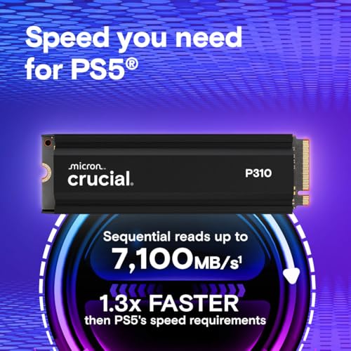 Crucial P310 2280 1TB PCIe Gen4 NVMe Gaming PS5 SSD with Heatsink, Up to 7,100MB/s, PlayStation5, Laptop & Desktop (PC) Compatible, Solid State Drive - CT1000P310SSD5-01