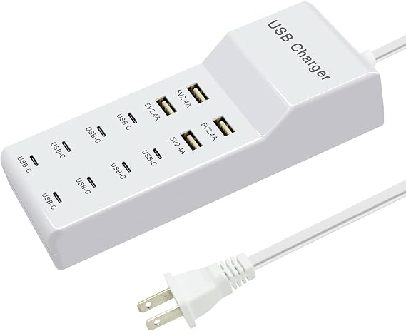 USB Charger Block, 12-Port Charging Station (4 USB-A 8 USB-C)