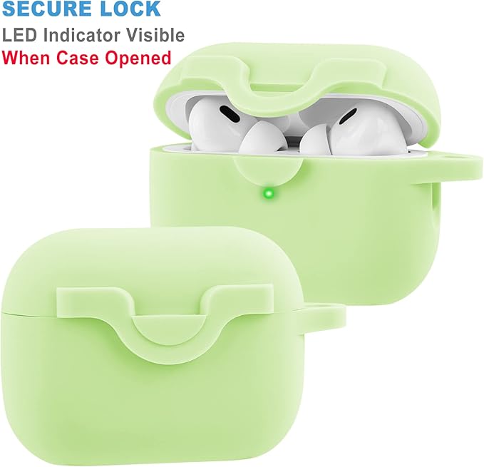 Secure Lock Case for Airpods Pro 2 Case with Cute Bling Keychain, Silicone Protective Case Cover for Airpods Pro 2nd Generation Case Women Girls - Matcha Green