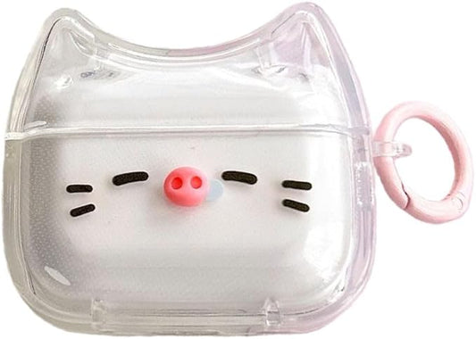 Transparent Clear Earphone Case for AirPods 4, Cute Lovely Cat Face Soft TPU Silicone Case, Kitty Ear AirPods 4 Cover Protective Skin Shockproof Protector for iPod Earbuds -Piggy