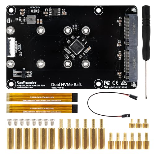 SunFounder Dual NVMe Raft for Raspberry Pi 5 PCIe Gen 2.0 to M.2 HAT Key-M SSD Hailo-8L AI Accelerator PIP M.2 2230/2242/2260/2280, NAS RAID 0/1, Manual (Not Compatible with the Pironman Series)