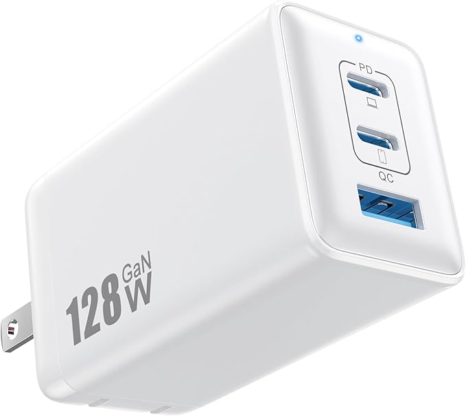 128W USB C Wall Charger,GaN III 3-Port Fast Charging Station,PD QC Foldable Charger Block Portable 65W Laptop Adapter for MacBook Pro/Air,iPad Pro,Galaxy S23,Dell XPS 13,iPhone 17/16/Pro etc