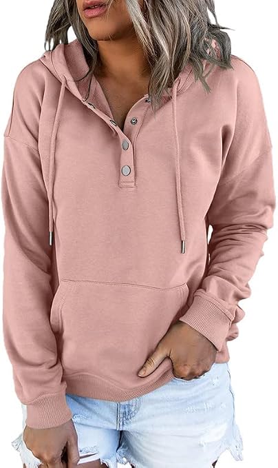 Dokotoo Hoodies for Women Button Collar Drawstring Sweatshirt Hooded Tops