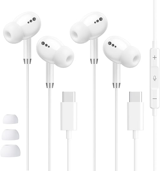 USB C Headphones for iPhone 17 16 15, 2 Pack Wired Earbuds C Type Earphones