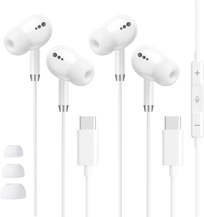 USB C Headphones for iPhone 17 16 15, 2 Pack Wired Earbuds C Type Earphones