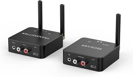 5.8GHz&5.2GHz Dual-Band Wireless Audio Transmitter Receiver for TV/PC, 160ft Long Range 0.018s Low Latency with Built-in 2.4G Bluetooth 5.3 Receiver, Wireless Adapter Kit with RCA(3.5mm) Out/Input