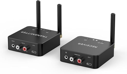 5.8GHz&5.2GHz Dual-Band Wireless Audio Transmitter Receiver for TV/PC, 160ft Long Range 0.018s Low Latency with Built-in 2.4G Bluetooth 5.3 Receiver, Wireless Adapter Kit with RCA(3.5mm) Out/Input