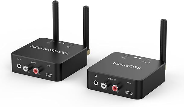 5.8GHz&5.2GHz Dual-Band Wireless Audio Transmitter Receiver for TV/PC, 160ft Long Range 0.018s Low Latency with Built-in 2.4G Bluetooth 5.3 Receiver, Wireless Adapter Kit with RCA(3.5mm) Out/Input