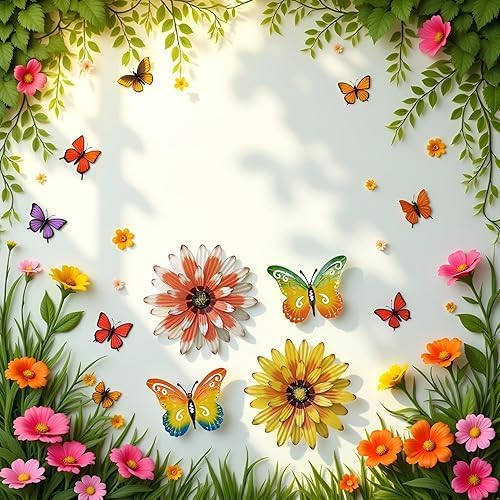 Meduofon Metal Flowers Outdoor Wall Decor, 4 Pack Metal Flower & Butterfly Wall Art Decor Outdoor or Indoor, Wall Sculptures for Deck Decor, Garden Fence, Yard, Patio, Porch, Bedroom, Living Room