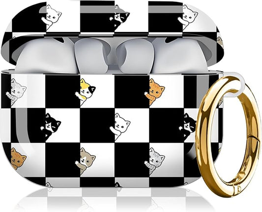 Compatible with AirPod Pro 3rd Generation Case 2025,Fashion Protective Cover with Keychain, Anti-Scratch, Drop Protection,Shockproof Cover for AirPod Pro 3 Women(Black White Checkered Cat)