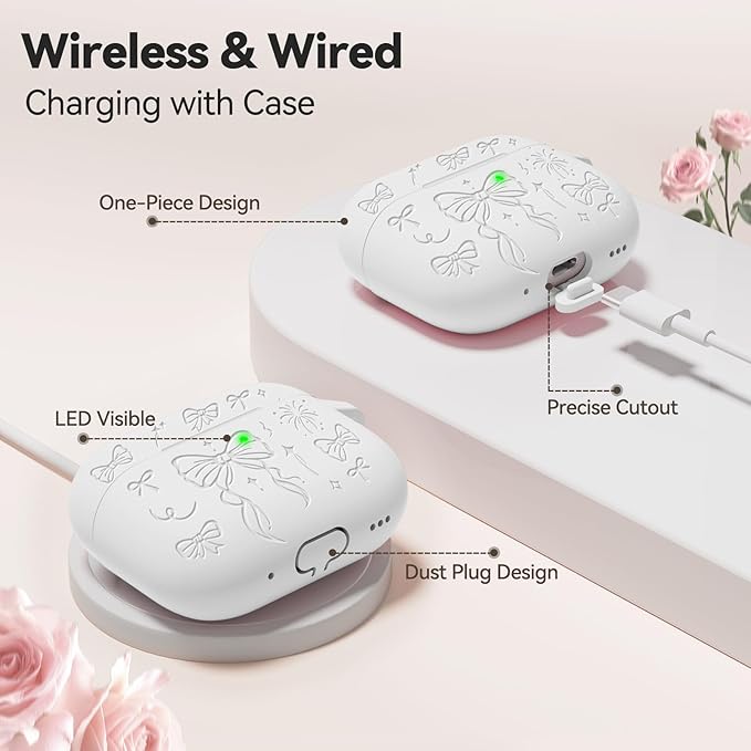 for Airpods Pro 3 Case Cover, Joremx Cute Bow Engraved Silicone Protective Case Cover with Keychain, Cleaner Kit for Airpods Pro 3rd Generation (2025) (White)