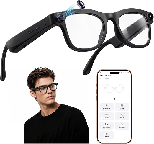 AI Smart Glasses with 8MP Camera, 4K HD Anti-Shake Video & Photo Capture, Real Time Translation, AI Voice Assistant, Open-Ear Bluetooth Audio, AI Recording Glasses for Travel/Vlog/Work