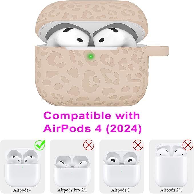 Engraved Leopard Case Compatible with AirPods 4th Generation Cover with Keychain, Skin Soft Cover for Compatible with AirPods 4 Case Full Protection,Front LED Visible, Milk Tea