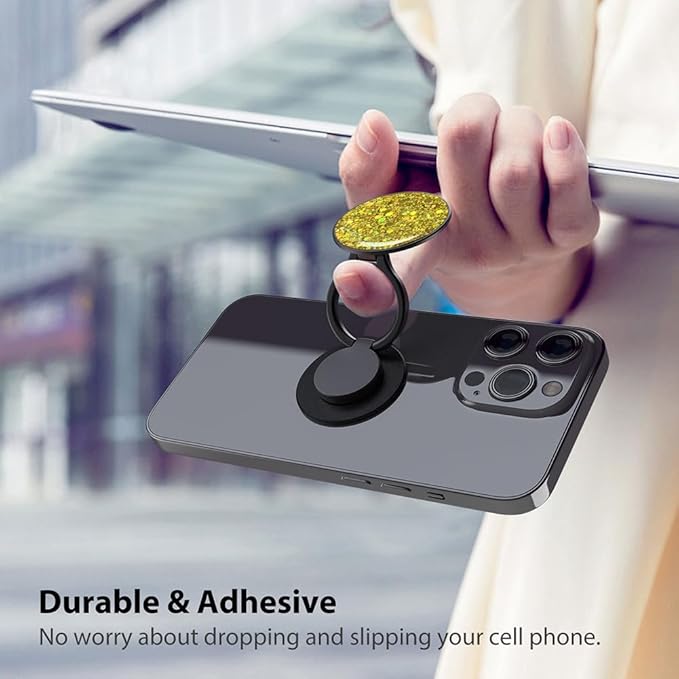 Phone Grip, Phone Ring Holder Finger Kickstand, Foldable & Adjustable Metal Cell Phone Rings Gripper Stand Work with Magnetic Car Mount for iPhone Samsung &Other Phones - Sparkle Yellow