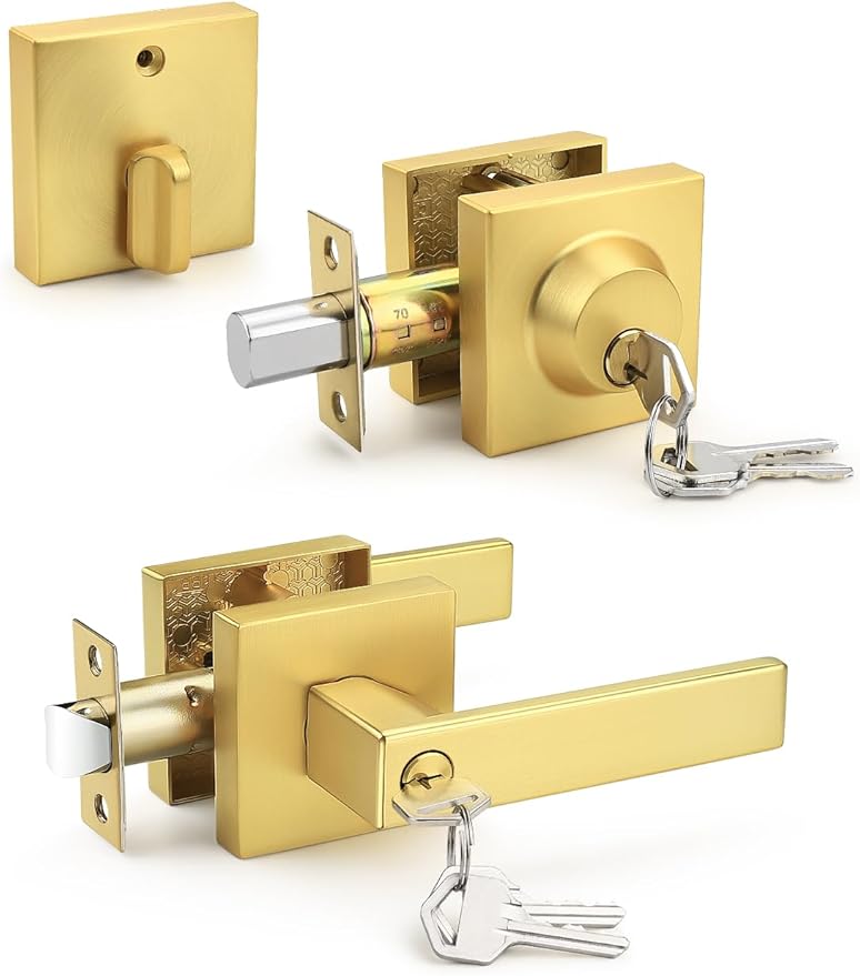 Brushed Gold Keyed Alike Front/Exterior Door Lever with Single Cylinder Deadbolt, Satin Brass Entry Door Knob Lock Set Combo Sets, for Entrance/Front and Office Doors,1 Pack