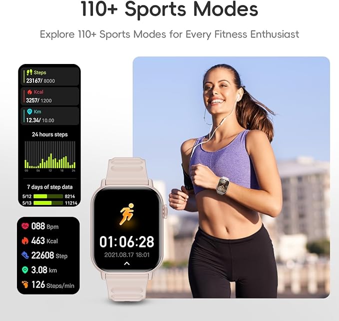Smart Watch Sports Pedometer, Fitness Tracker Bluetooth Call Heart Rate Blood Oxygen Sleep Monitor, 100 Sports Modes Waterproof for iOS Android Men's Women's Smart Watch (Pink)