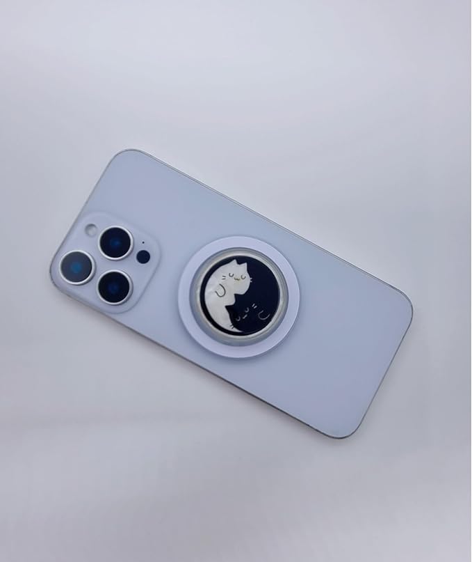 Korean Najeonchilgi Shell-Inlay Phone Grip Stand, Slim Round Phone Holder & Kickstand, Adhesive or Magnetic Back, Metal Ring Included - (Black & White Cat)