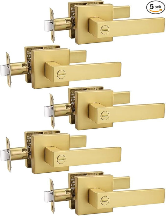 5 Pack Heavy Duty Gold Square Privacy Interior Door Levers, Satin Brass Finish, Bedroom and Bathroom Door Handles Keyless Bed/Bath Lockset