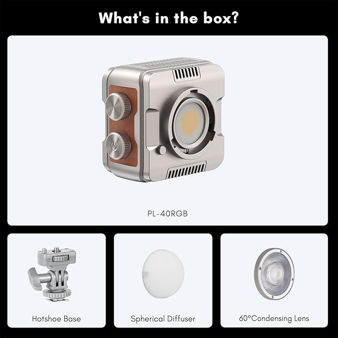 Tolifo Palm-Sized 40W RGB LED Photo Video Camera Light with Built-in Battery, Coldshoe, Diffusor and 60° Lenst, Full Color 2700K-6500K CRI97+/TLCI98+ 20 Scenes for Tiktoker, Vlogger and Streamer