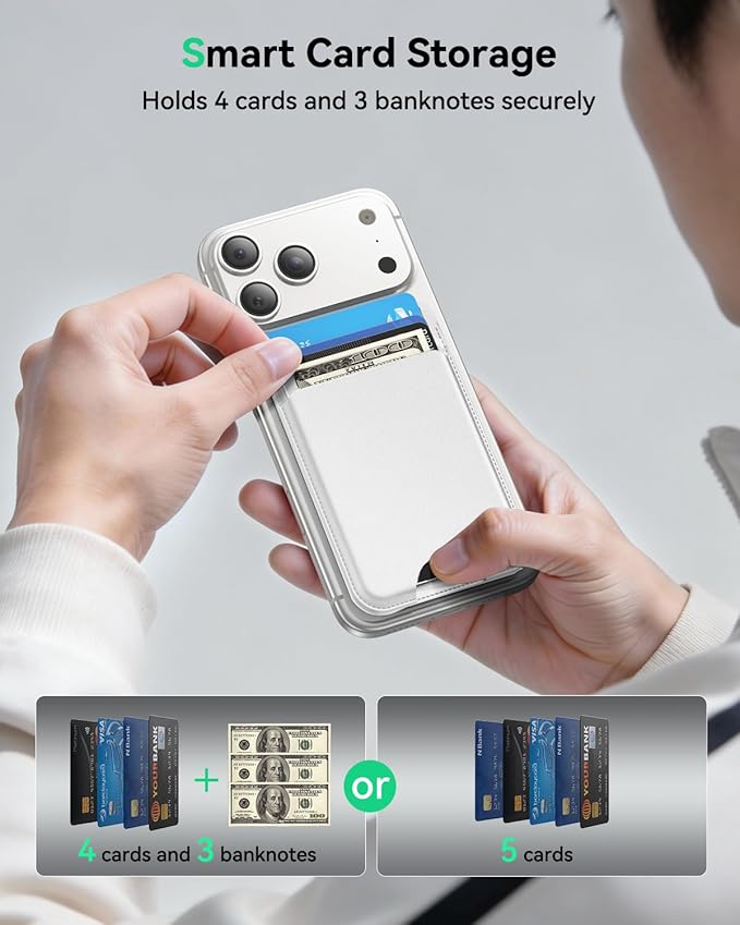 for MagSafe Wallet with Stand, 5 Card Holder, Slim Leather Magnetic Wallet for iPhone 17/16/15/14/13/12 Pro Max Plus Air Series, 3 Card Slots & 1 Cash Slot,White