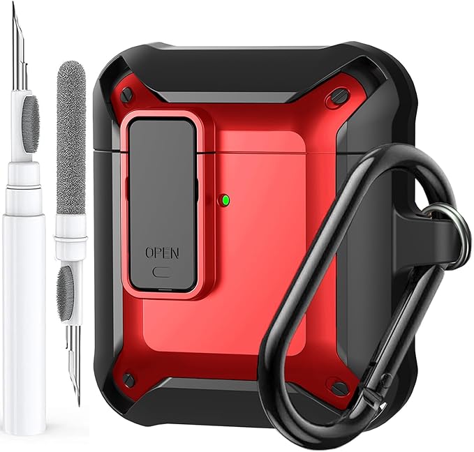 for Airpods 2nd 1st Generation Case Men Lock with Cleaner Kit, Rugged AirPod 2/1 Gen Protective Hard Cover Shockproof Skin Boys Women with Keychain for Apple iPods 2nd/1st Cases, Black