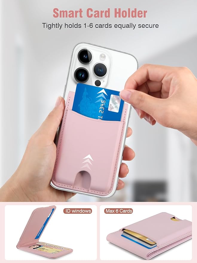 TopMade for MagSafe Wallet with Adjustable Stand, Strongest Magnetic Phone Card Holder for iPhone 17/16/15/14/13/12 Series, Leather RFID Blocking Wallet, ID Window, Fit 6 Cards, Pink