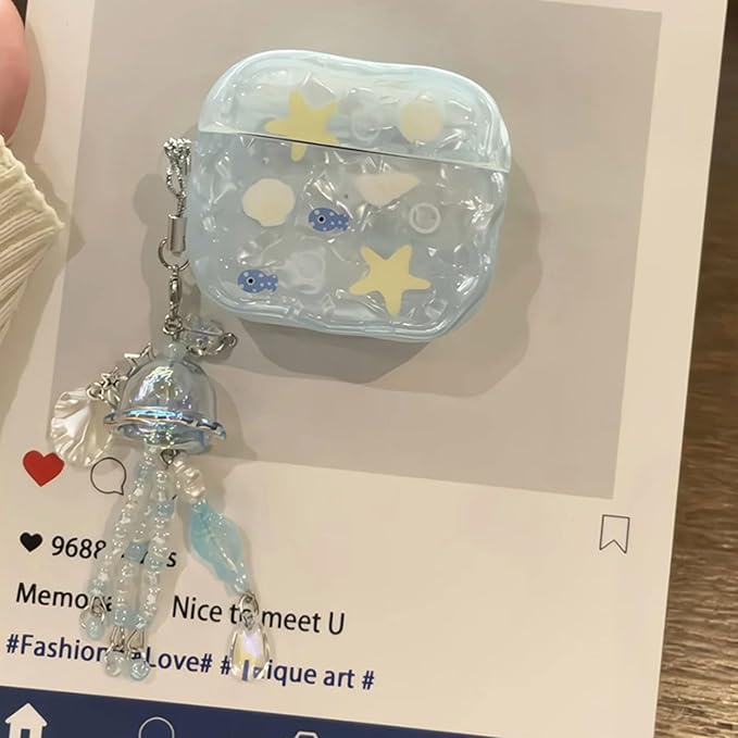 Compatible with AirPods Pro 3 Case Cute Shell Starfish Protective Cover with Cleaner Kit Jellyfish Keychain for Girls Women for Airpods Pro 3rd Generation(2025)-Blue